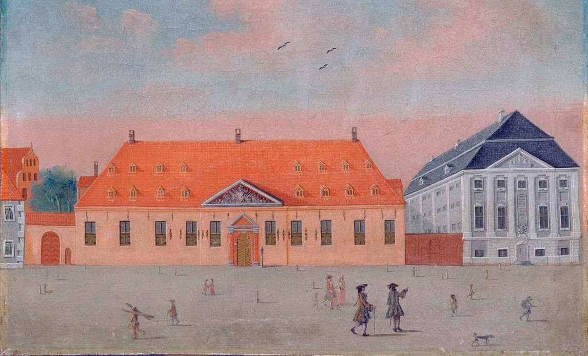 Det kongelige gjethus. Gjethuset lå tværs over det nuværende Tordenskjoldsgade og blev nedrevet i 1872. Til højre ses den danske Skueplads' bygning. Oliemaleri, Rach og Eegberg, 1749.