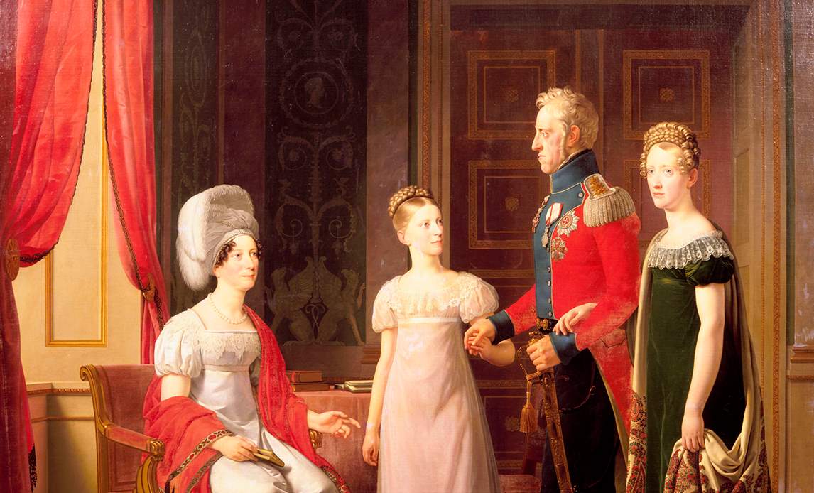Frederik 6. med dronning Marie og døtrene Vilhelmine og Caroline, malet af C.W. Eckersberg 1821.